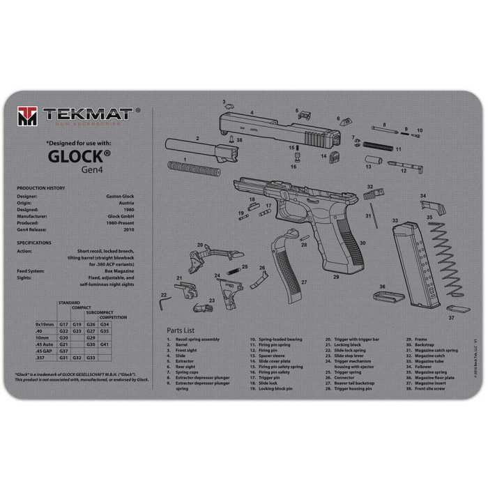 TEKMAT Glock GEN 4 Gun Cleaning Mat Tappetino Pulizia armi con esploso Grigio #R17-GLOCK-G4-GY