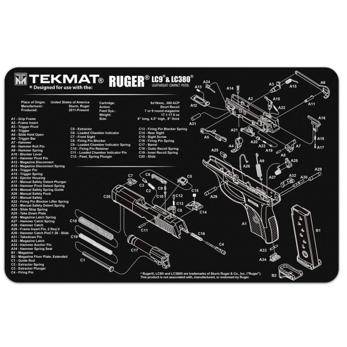 TEKMAT Ruger LC9 Gun Cleaning Mat Tappetino Pulizia Armi con Esploso #R17-RUGERLC9