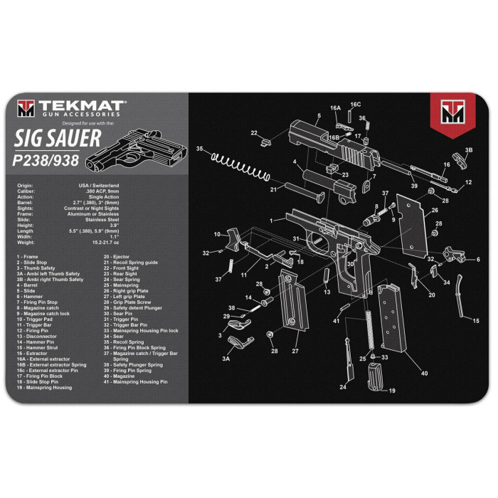 TEKMAT Sig Sauer P238 Gun Cleaning Mat Tappetino Pulizia Armi con Esploso #R17-SIGP238