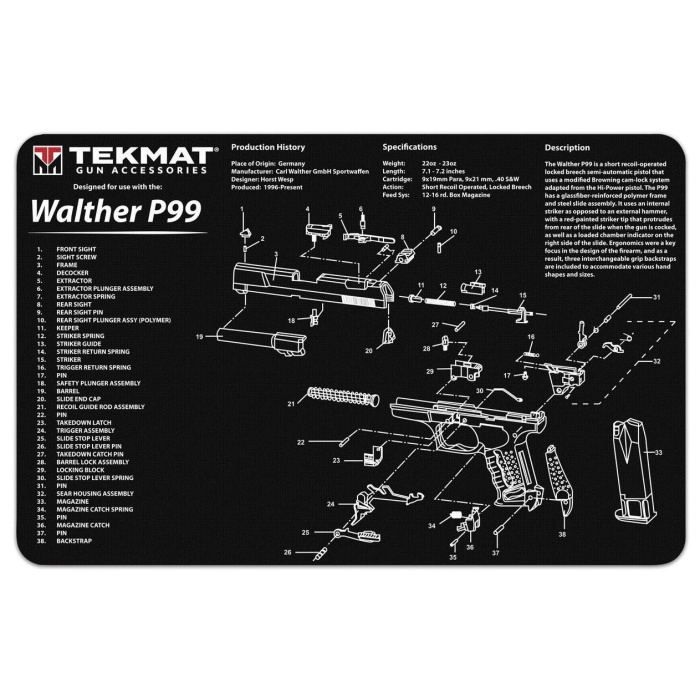 TEKMAT Walther P99 Gun Cleaning Mat Tappetino Pulizia Armi con Esploso #R17-WAL-P99