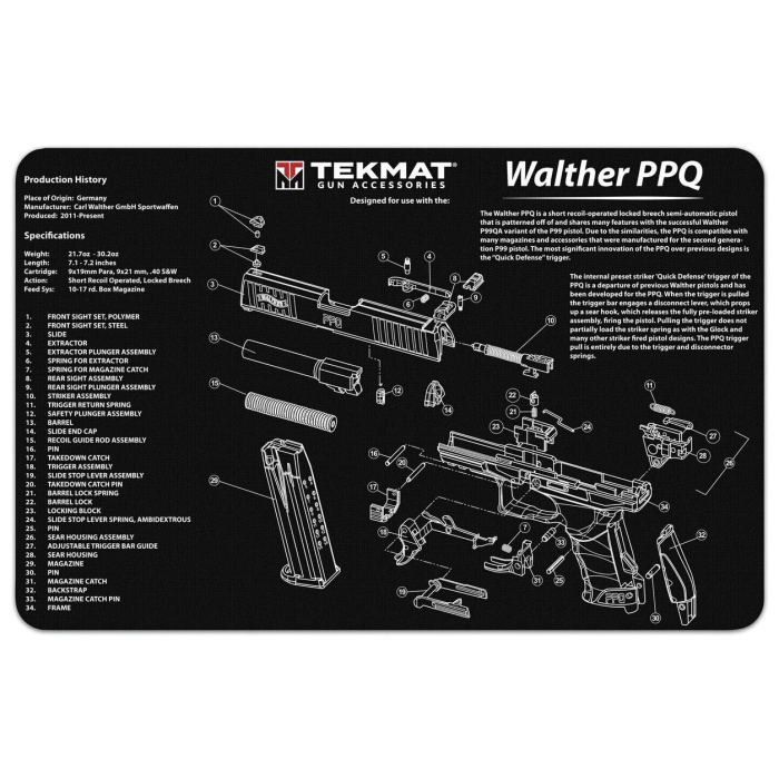 TEKMAT Walther PPQ Gun Cleaning Mat Gun Cleaning Mat with Exploded View #R17-WAL-PPQ