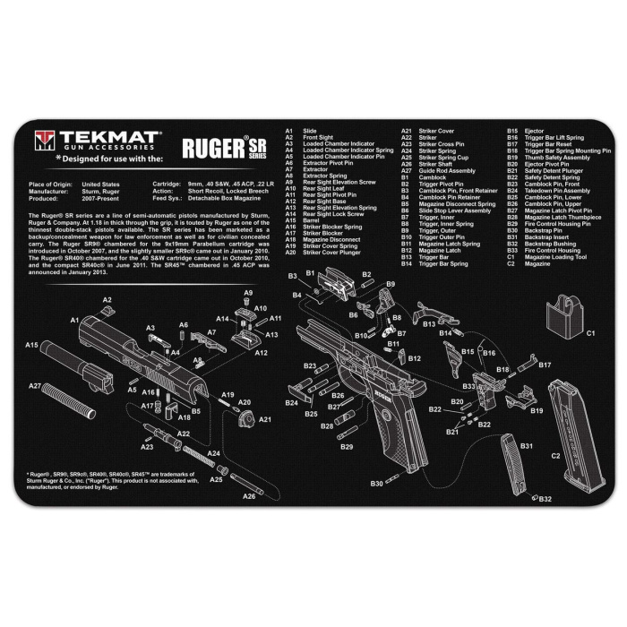 TEKMAT  Ruger SR9 Gun Cleaning Mat Tappetino Pulizia Armi con Esploso #R17-RUGER-SR9